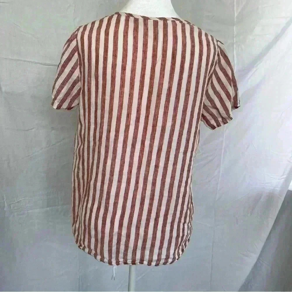 Christian Siriano striped linen short-sleeved crew neck blouse with pocket. - Picture 7 of 9